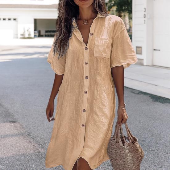 Women Shirt Lapel Short Sleeve Casual Commuter Style Shirt Solid Color Loose