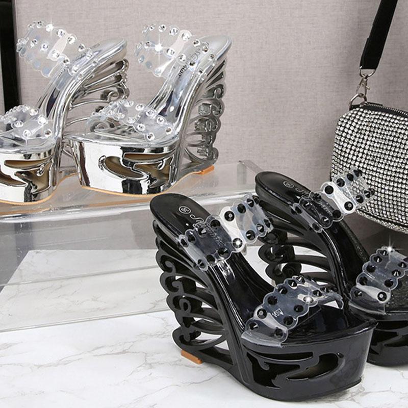 Женская обувь, двухрядные шлепанцы на высоком каблуке с перфорацией, асимметричный каблук, танкетка, серия 1076, каблук 15 см, платформа 5 см, LFD