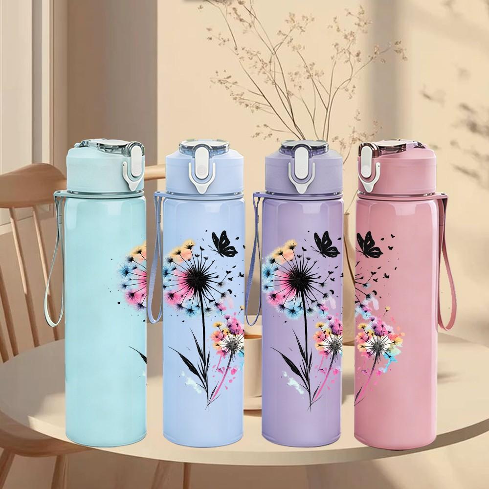 1PC Dandelion Flying Seed Watercolor Print 750ml Color Plastic Sports Water Bottle Leakproof Flip Straw Lid Suitable for Sports Office Home Use
