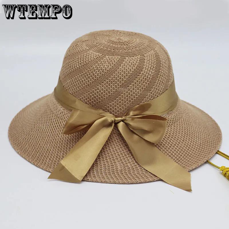 WTEMPO Bow Wide Brim Women's Solid Color Outdoor Sunscreen Hats Elegant Casual Travel Beach Foldable Summer Hats