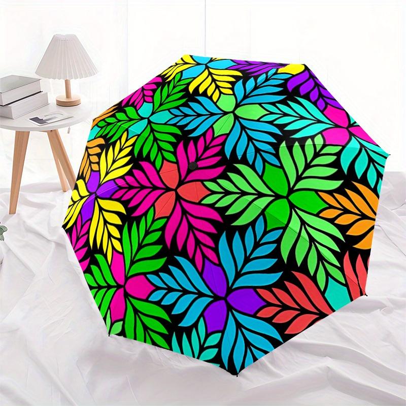 1pc Colorful Leaves Pattern Automatic Folding Umbrella - 8-Rib Iron Frame,  Portable Sunshade with Plastic Handle yy250731307