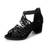 2024 Fashionable Rhinestone Fish Mouth Sandals Women's Summer New Hollow-out Large Size Chunky Heel Midheel Back Zipper Sandals