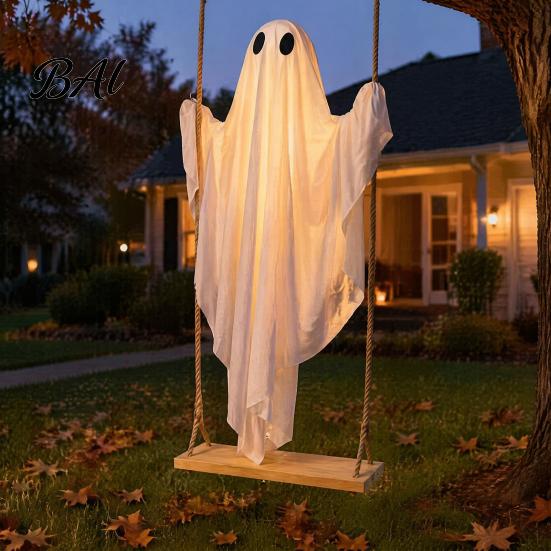 Halloween Hanging Ghost Decorations Swing Decor with String Lights, Glowing Floating Spooky Tree for Ornament Yard Tree, Outdoor Party Timer Control
