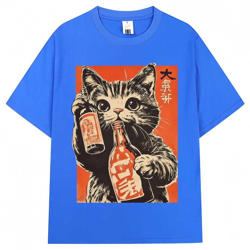 Japanese Style Cat Drinking Graphic T Shirt Vintage Fashion Kawaii Unisex Unisex Tshirt Oversized Cotton Casual T Shirts Streetwear