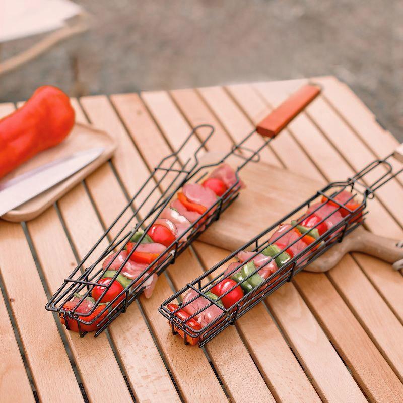 Outdoor Wooden Handle Barbecue CageCamping Meat And Vegetable Barbecue Grill Net RackPicnic Grilling ToolsCharcoal Sausage Racks