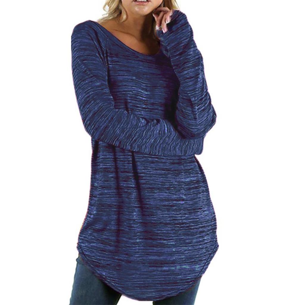 Women's Fashion Blouse Plus Size Solid Long Slim T-Shirt Long Sleeve Top