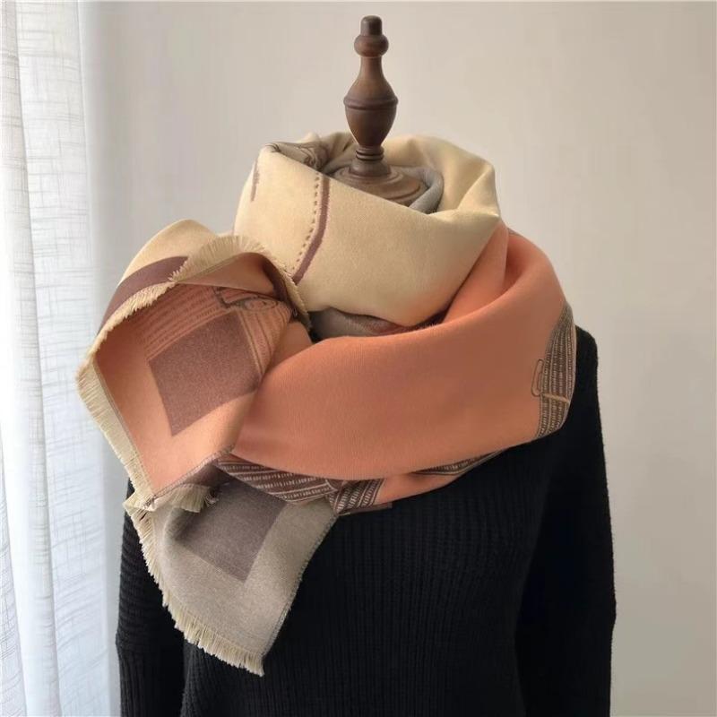 Korean Style Contrast Color Imitation Cashmere Plaid Scarf Women's New Winter Warm Fashion Chain Scarf Fleece-lined All-match Shawl