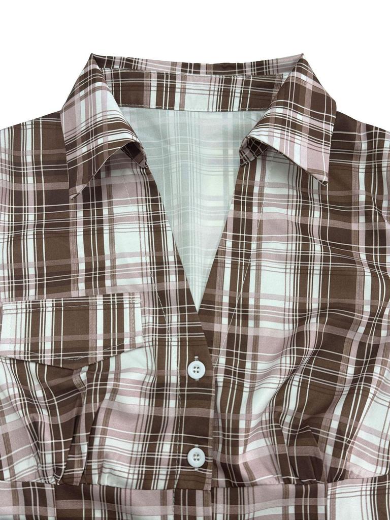 Женская укороченная клетчатая рубашка с лацканами, ретро-стритвир с акцентом на талию для лета