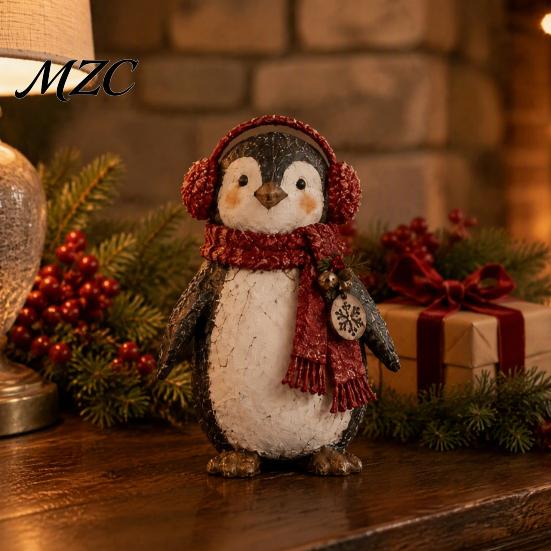 Penguin Collectibles for Winter Christmas Ornament with Scarf, Resin Animal Figurine, Theme Home Accessories Charming Statue Holiday Desk Decor