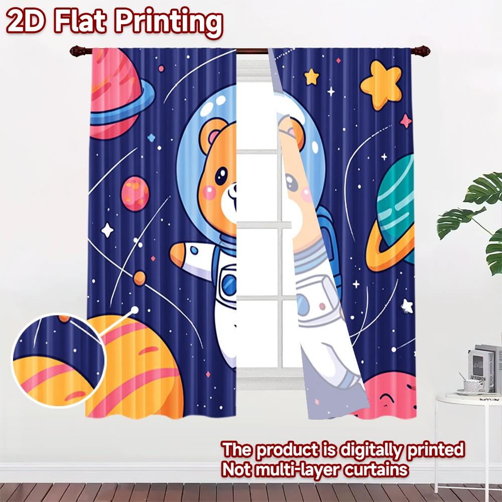 2D flat printing 2pcs Window Curtains Cute Astronaut Bear Space Digital Printed Polyester Drapes Seasonal Party & Holiday Decor