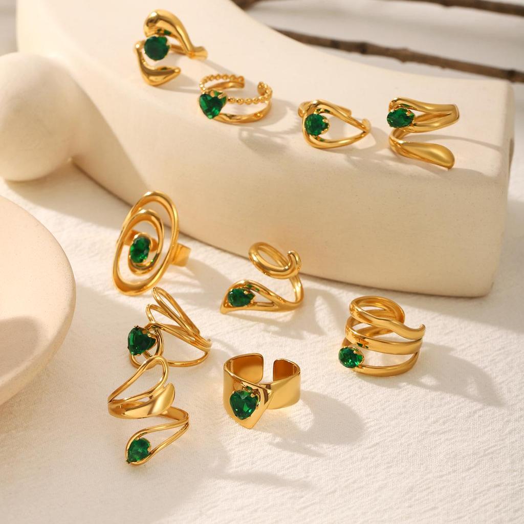Retro Green Gemstone Zircon Stainless Steel Open Ring for Women