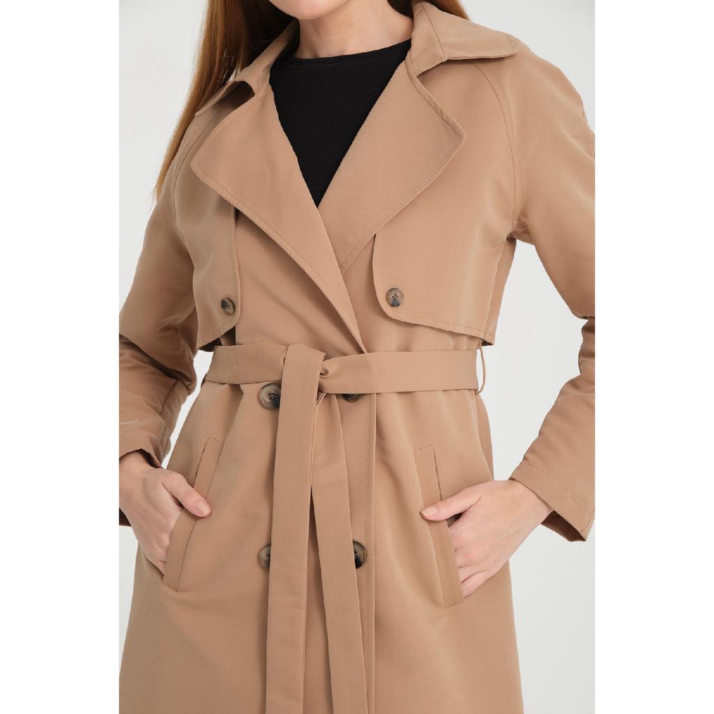 Двубортный тренч средней длины с рукавами реглан (120 см) Темно-бежевый 7558
