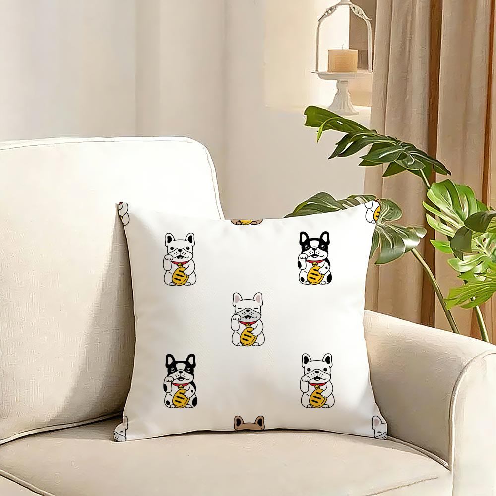 Cartoon French Bulldog Pattern Cushion Cover Reversible Plush Pillow Cover Soft Fluffy Home Decor for Sofa Bedroom
