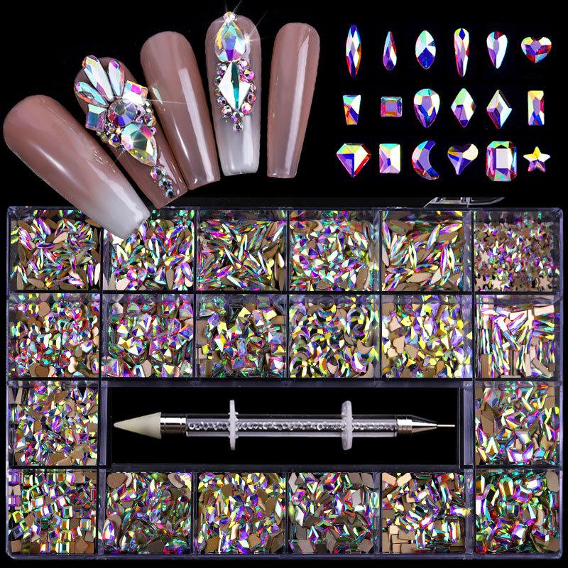 Nail Art 21 Grid Rhinestone Box Nail Art Diamond Flat Bottom Special-Shaped Diamond Nail Rhinestone Nail Art Jewelry Set