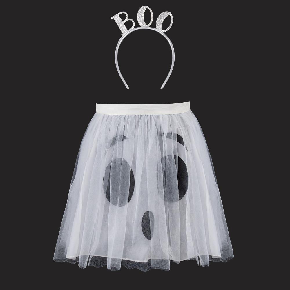 Halloween Ghost Face Pumpkin Veil Dress And Headband Set For Kids