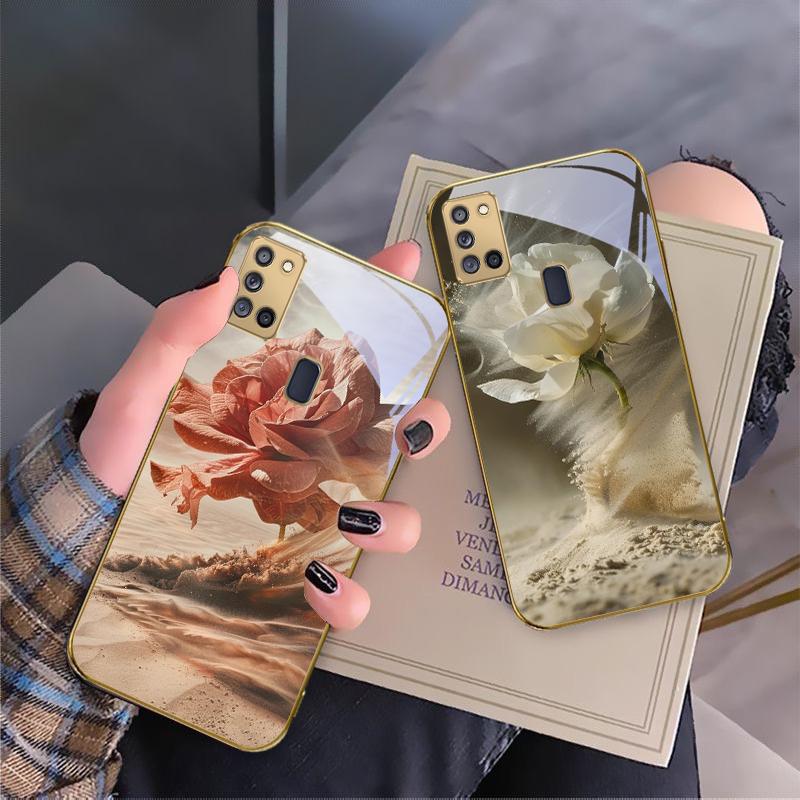Vintage Desert Pink Rose For Samsung A 31 32 A33 A34 35 14 A15 13 16 25 26 50 52 53 54 55 56 70 71 72 73 Golden glass phone case
