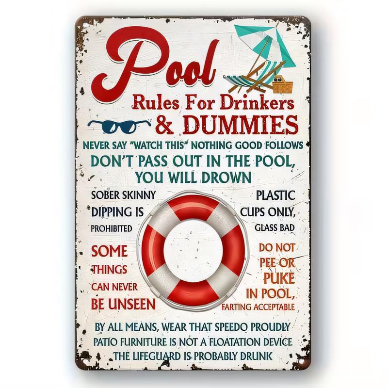 Tin Sign Pool Rules For Drinkers Dummies Funny Vintage Metal Poster Wall Decor for Patio Bar Garage Man Cave Humor Reminder