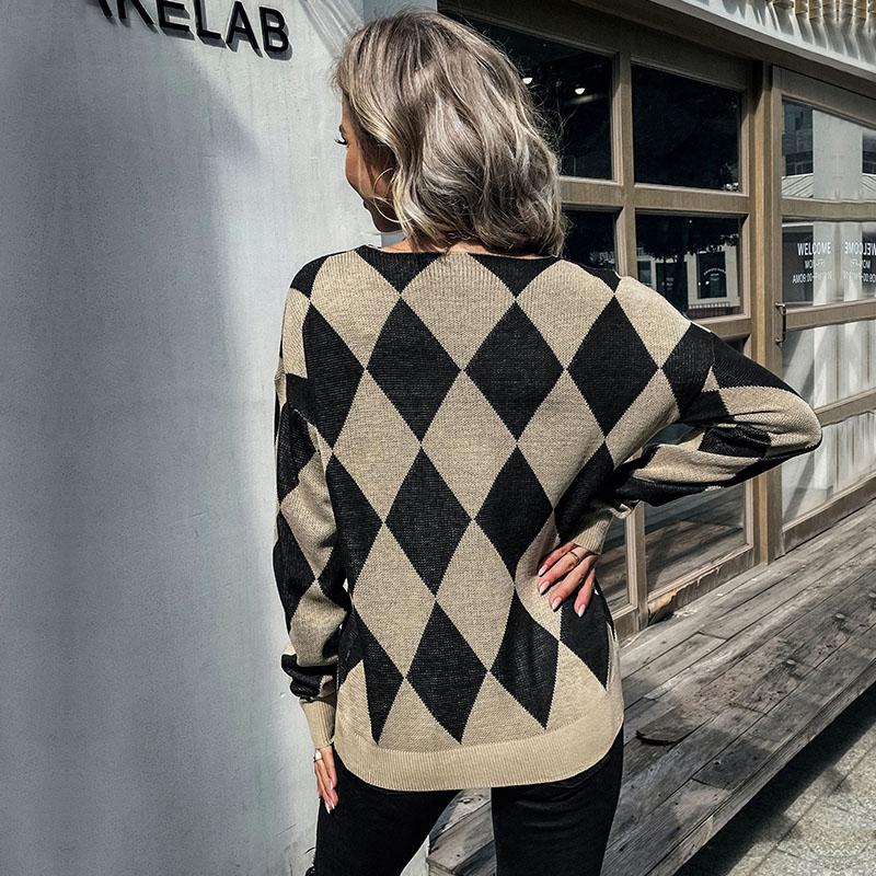 YYFS Женские модные повседневные свитера с ромбовидным принтом, осенне-зимние свитера с длинными рукавами и v-образным вырезом