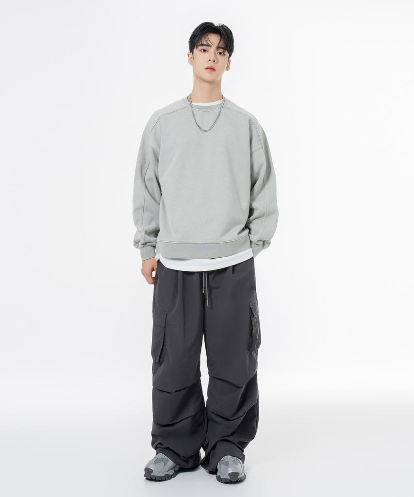 MOZMOZ Heavy Weight Pigment Back Embroidery Cutout Oversized Sweatshirt Gray