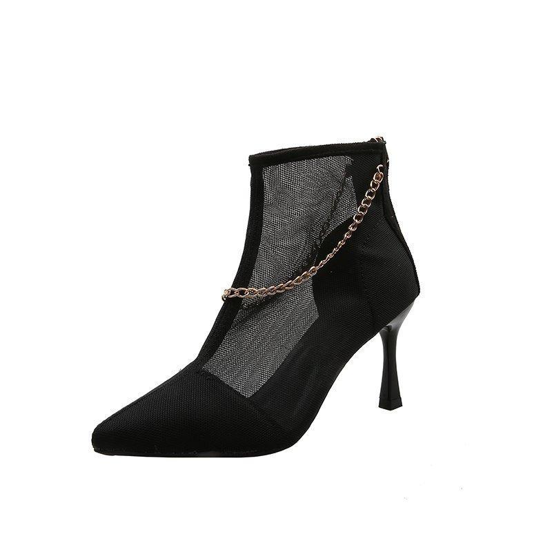 Женские босоножки, летние, новые, с металлической цепочкой и сексуальными черными холодными ботинками, на высоком каблуке, сандалии с застежкой-молнией и закрытым задником, ПУ, туфли для вечеринок, с заостренным носком