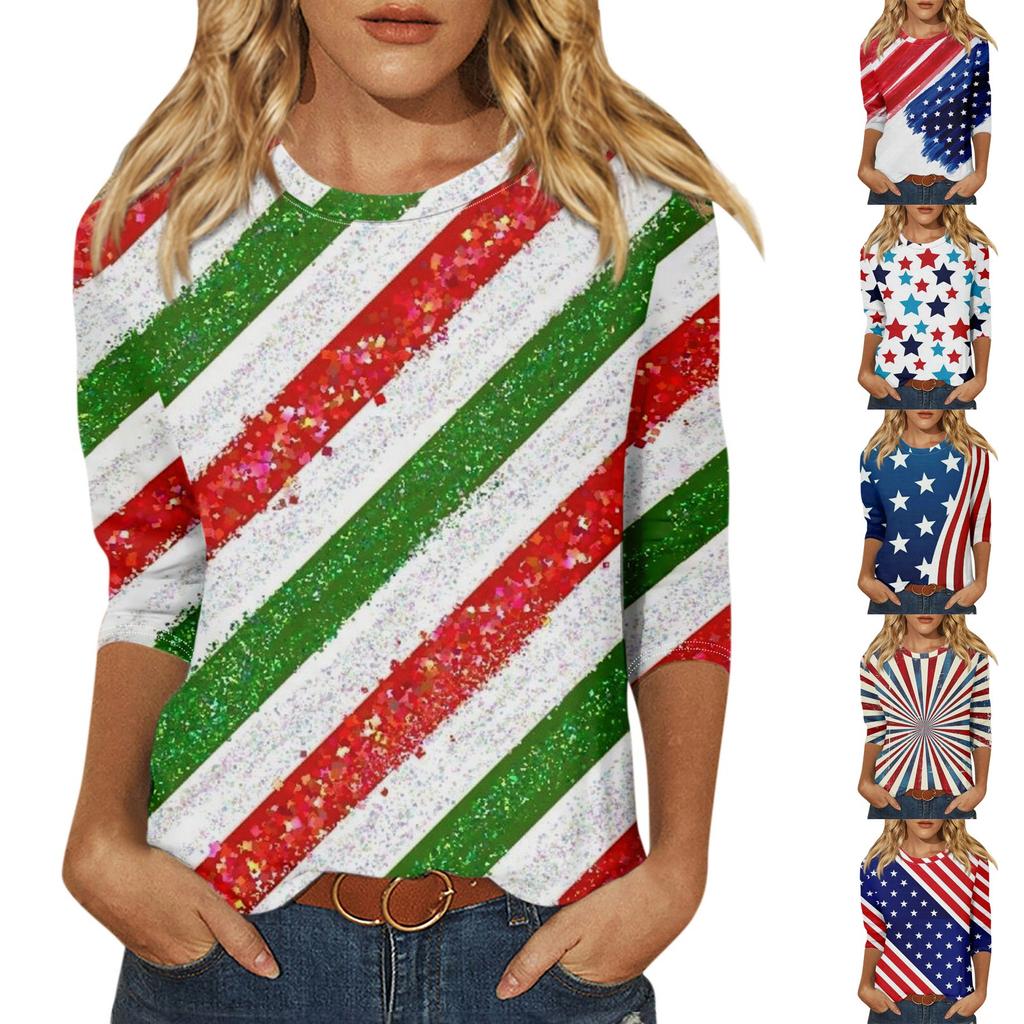 Women's Fashion Casual Round Neck 3/4 Sleeve Loose Independence Day Printed T-Shirt Ladies Top