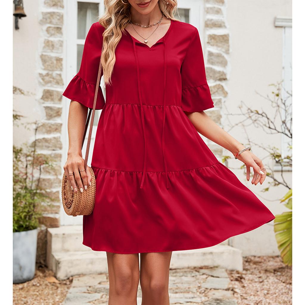 Women's Fashionable And Casual Flared Sleeve V-neck Solid Color Loose Dress