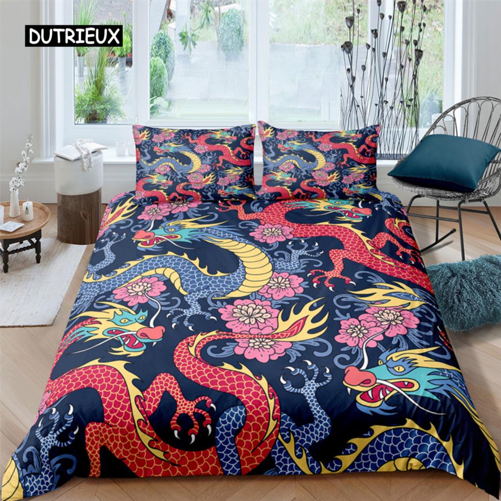 Комплект постельного белья с принтом 3D-дракона Постельное белье Пододеяльник с наволочками Одеяло из полиэстера Покрывало King Queen Twin Домашний текстиль