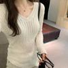 Однотонный облегающий свитер с V-образным вырезом и длинными рукавами для женщин, осень и зима, новый универсальный утягивающий свитер, теплый топ