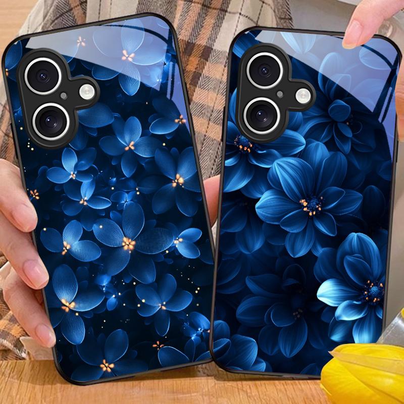 Синие и белые цветы Для Apple iPhone 16E 16 E 11 13 15 P ro 14 Pro Max 12 Mini 7 8 Plus XS Черный чехол для телефона из закаленного стекла
