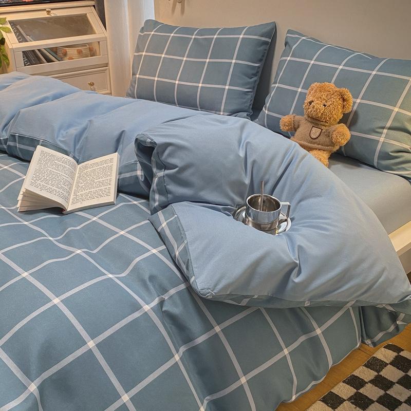 Простыня в клетку из четырех предметов и пододеяльник в японском стиле в скандинавском стиле, набор из трех предметов из стираного хлопка с начесом