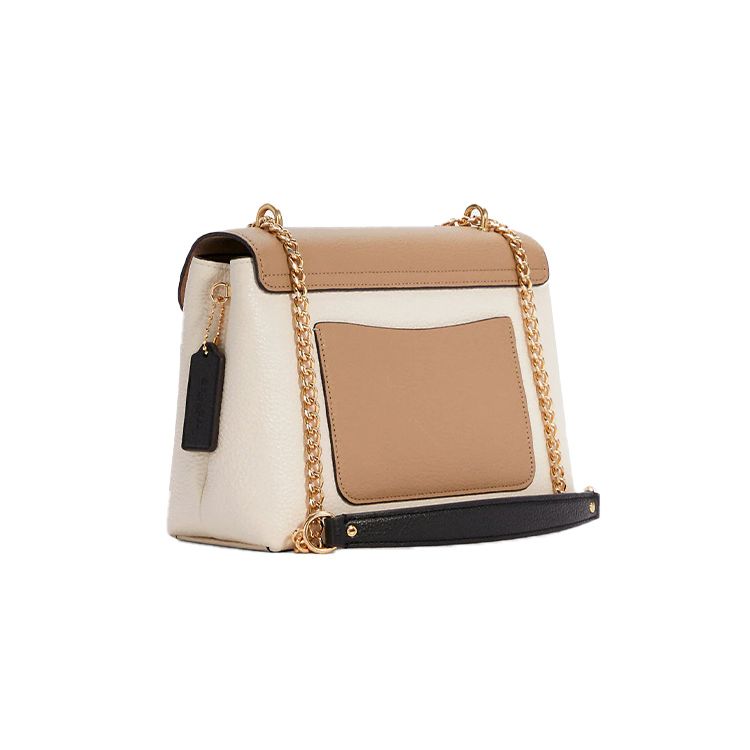 Coach Tammie 26 Logo Snap Polished Leather Chain Flap Shoulder Crossbody Bag Medium Women bags Milk-Tea White C6786-IMCAH