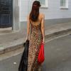 V-neck Vintage Long Dress High Waist Sleeveless Party Dress Elegant Leopard Tulle Dress  Beach Wear