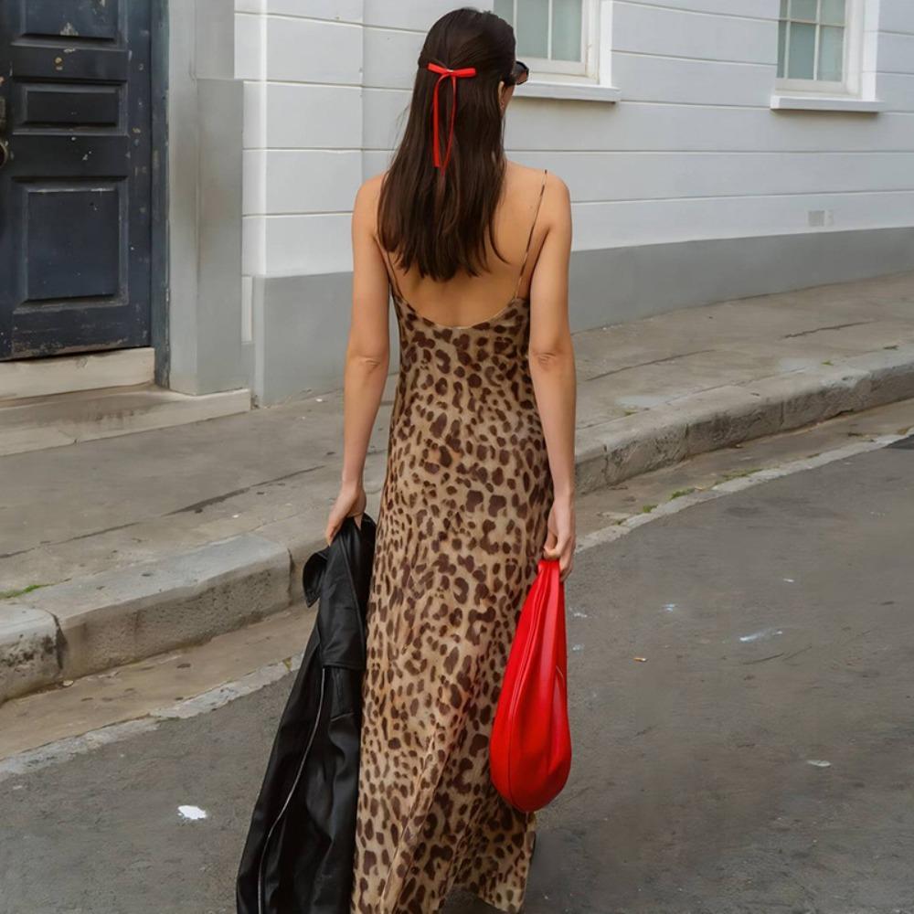 V-neck Vintage Long Dress High Waist Sleeveless Party Dress Elegant Leopard Tulle Dress Beach Wear