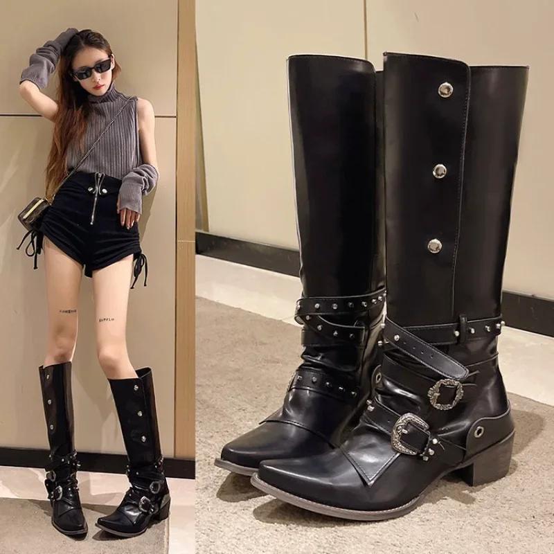 Fashion 2025 Spring and Autumn Long Boots New Pointed Spicy Girl Coarse Heel Fashion Boots Black Fashion Style Long Boots