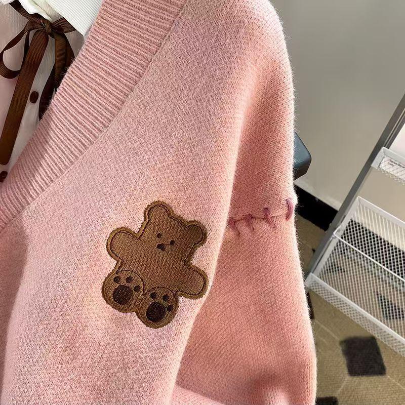 Women's Teddy Bear Pattern Long Sleeved Cardigan Loose Korean Style Knitted Sweater for Female Autumn Buttoned Tops
