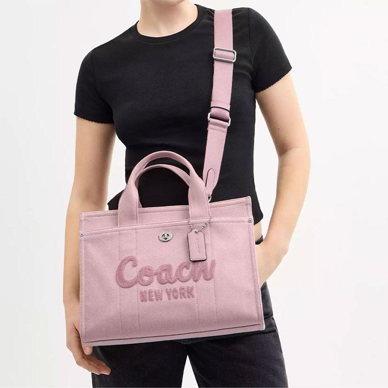 Coach Cargo 34 Логотип бренда Большая вместительная джинсовая сумка-тоут Сумка-тоут Сумка для покупок На плечо Через плечо Сумка Женская большая Розовая