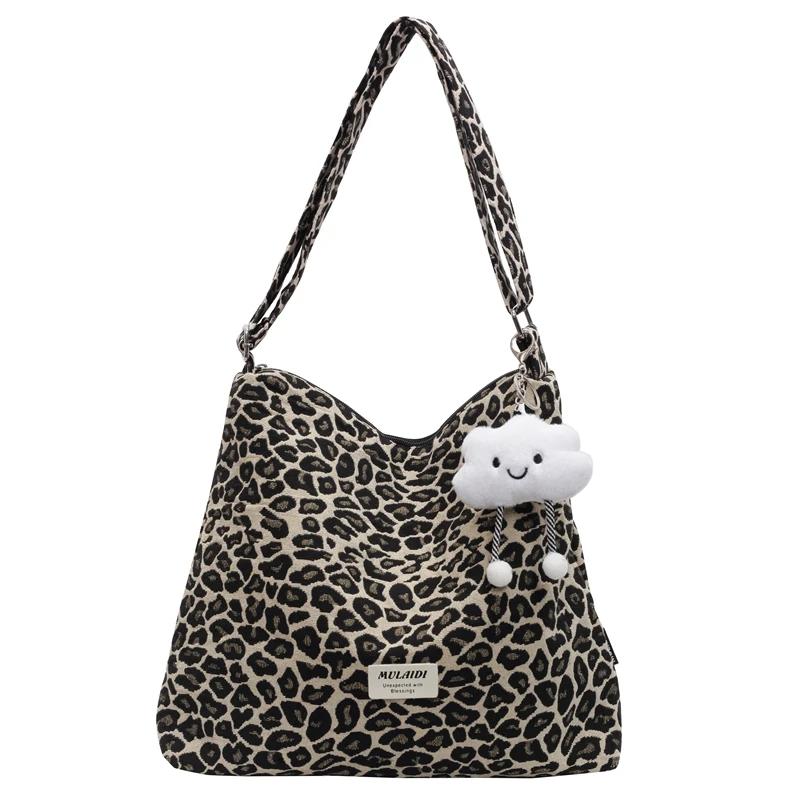 Leopard Print Canvas Shoulder Bag Large Capacity Zipper Versatile Fashion Bag Soft and Simple