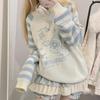 Blue Striped Y2K Long-Sleeve Knitted Sweater - Women's Autumn/Winter Round Neck Top.