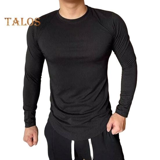 Мужской спортивный топ Slim Fit Высокая эластичность Полосатая текстура Круглый вырез Быстросохнущий Длинные рукава Slim Fit Компрессионный Коррекция фигуры Тренажерный зал Бег