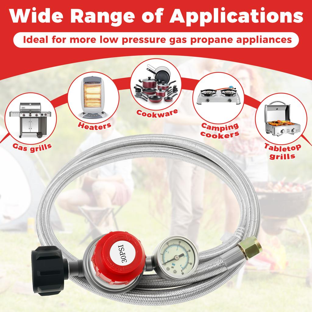 5FT Stainless Steel Brass Propane Regulator And Hose 30 PSI Adjustable Heat Resistant Gas Grill Regulator Hose for Camping Stove