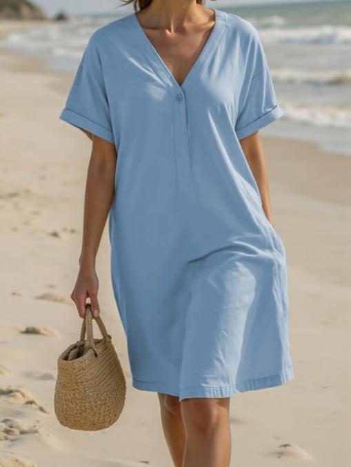 Cross-border new fashionable versatile women's casual solid color V-neck loose dress