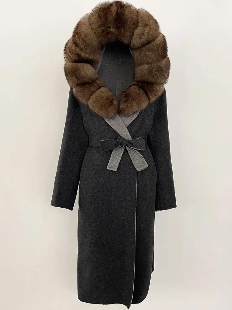 OFTBUY Зимнее женское пальто из натурального лисьего меха с капюшоном и съемным воротником Двусторонняя шерстяная куртка Длинная повседневная элегантная верхняя одежда