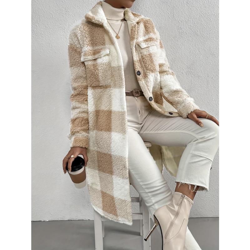 Осенне-зимнее плюшевое пальто в клетку с лацканами на пуговицах, свободное, с темпераментом, для работы, длинное пальто для женщин