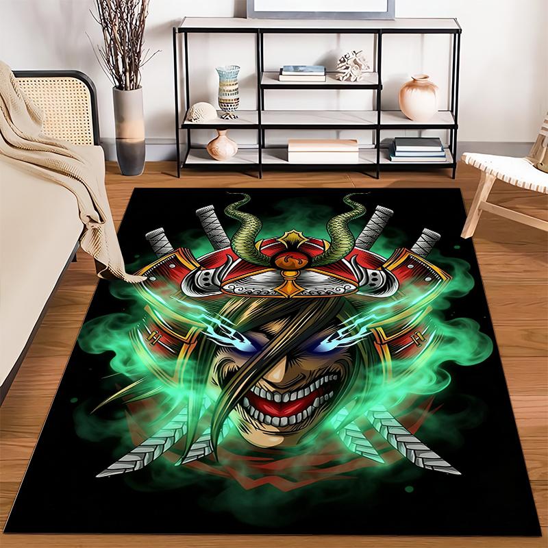 Samurai Mask Design Carpet with Green Smoke and Sword Patterns Suitable for use as an anti-slip for living room bedroom sofas