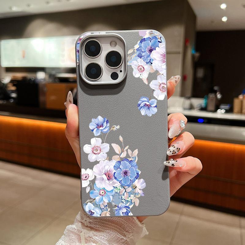 Кожаный текстурный мягкий чехол TPU для iPhone 16 15 14 Pro Max 14 Plus 13 12 Pro Max 11 синий цветочный узор противоударный чехол для телефона