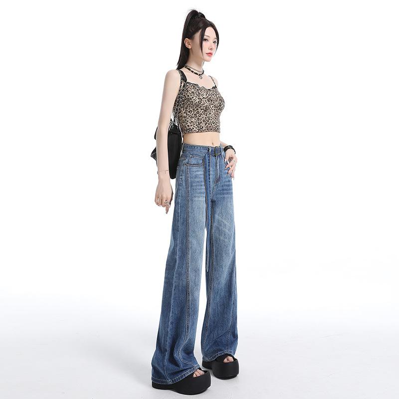 American retro lace-up micro-pull jeans women's autumn new straight loose high-waisted thin pants