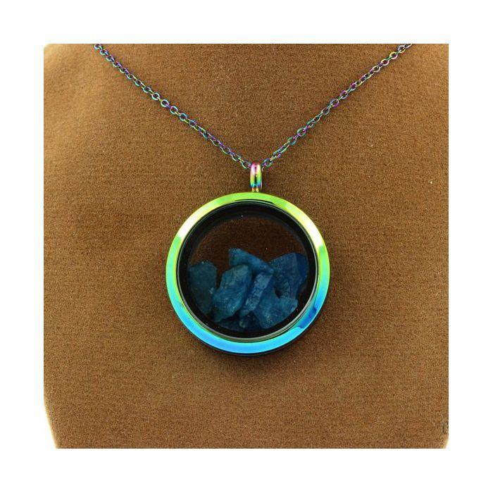 Stones and Minerals. Raw Neon Blue Apatite Necklace. Multicolored Model.