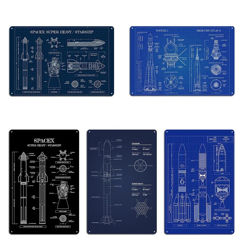SPACEX Super Heavy Starship SpaceX Blueprint Metal Club Customize Wall Decor Decoration Bar Cave Tin Sign Poster