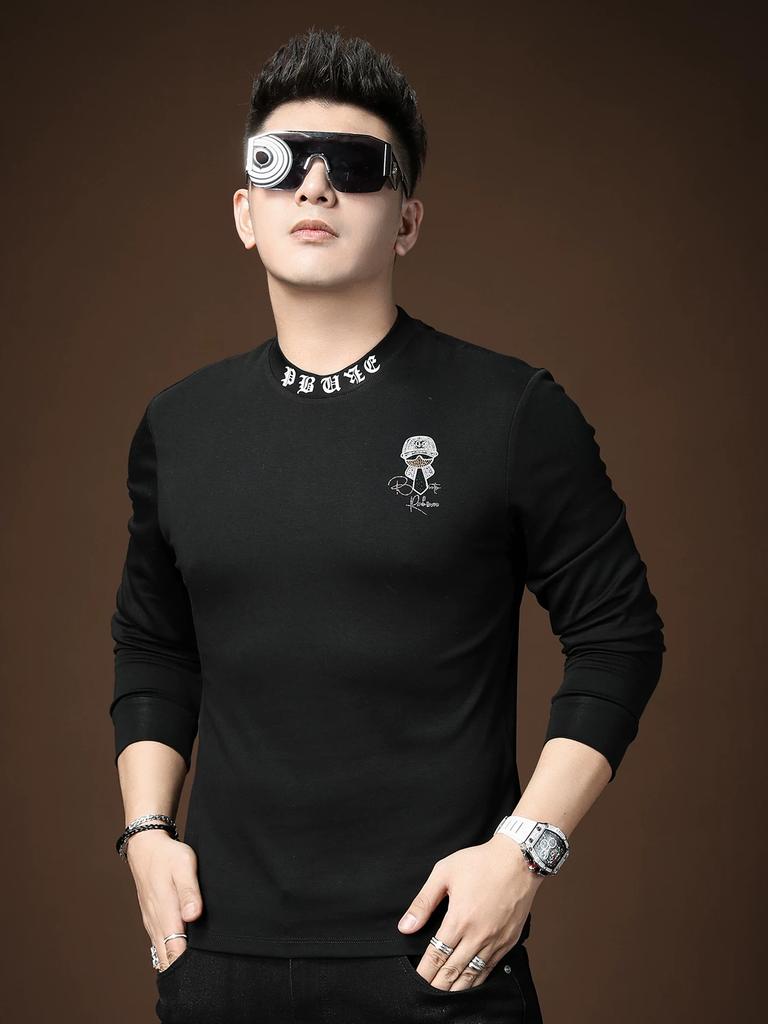 European Long-Sleeve T-Shirt for Men, 2025 Autumn New Fashion Brand, Semi-High Collar, Slim Fit, Rhinestone Embellished Base Shirt, Men's T-Shirt