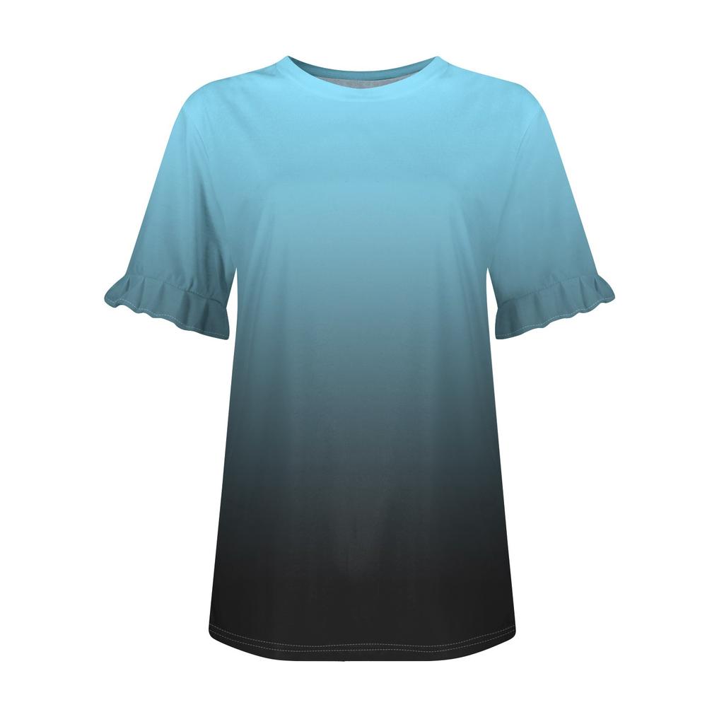 Женская летняя футболка с коротким рукавом и рюшами с принтом и круглым вырезом